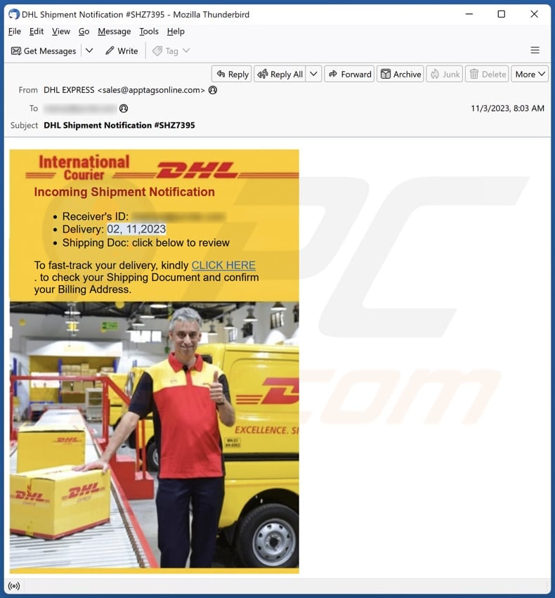 DHL - Incoming Shipment Notification Campagne de spam par courrier électronique