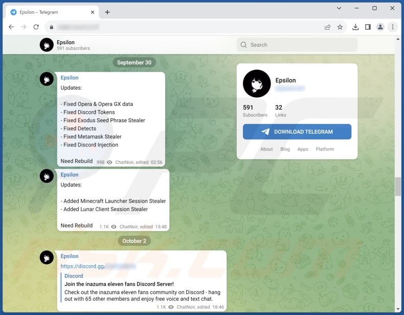 Epsilon malware promoted on Telegram