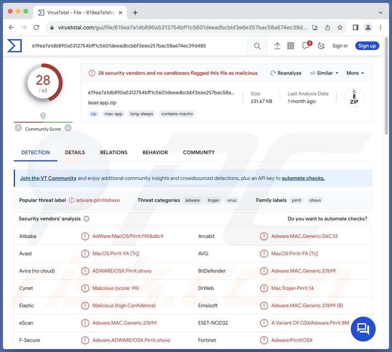 Laser.app détections de logiciels publicitaires sur VirusTotal