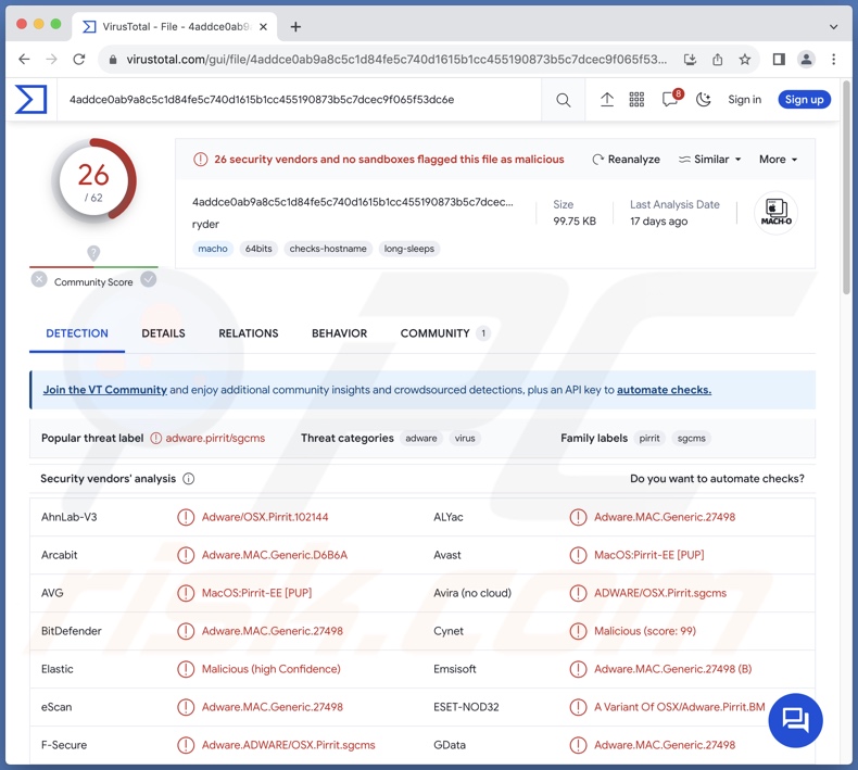 détections de logiciels publicitaires Ryder sur VirusTotal