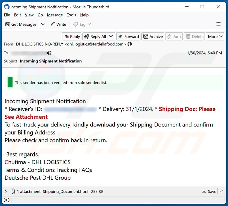 DHL - Incoming Shipment Notification escroquerie par courriel (2024-02-01)