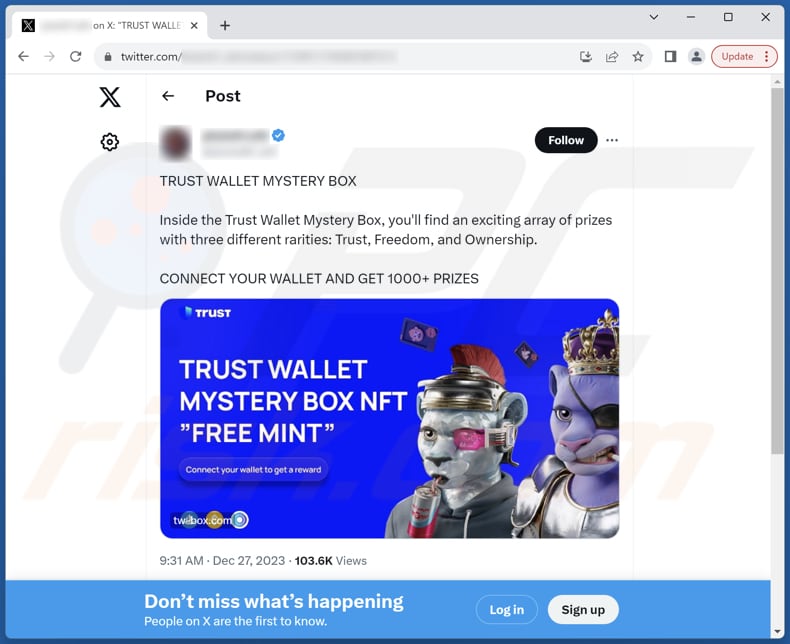 Trust Wallet Mystery Box arnaque Twitter (X) post promouvant cette arnaque