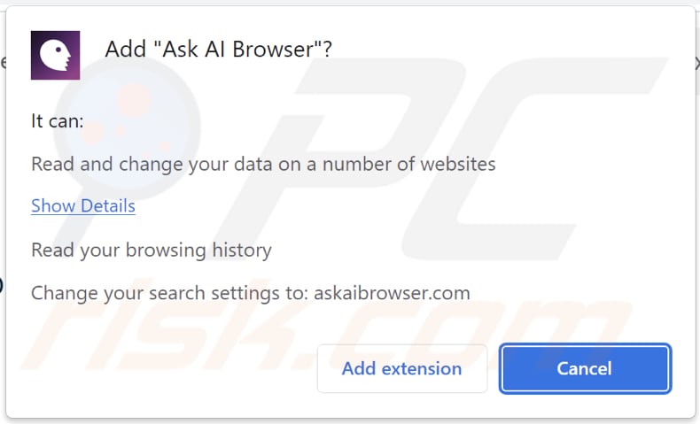 Permissions demandées par le pirate de navigateur Ask AI Browser