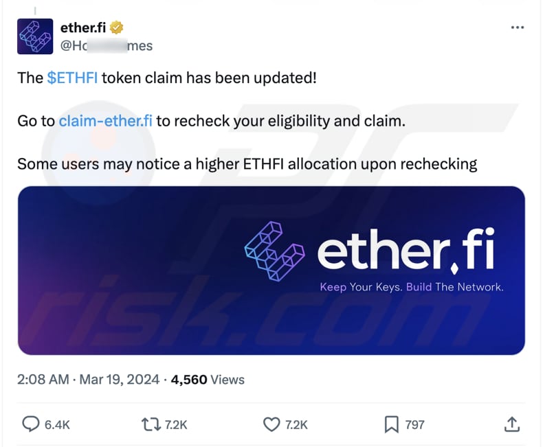 faux ether.fi page promue à l'aide d'un faux compte ether.fi