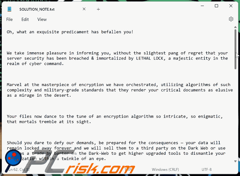 Lethal Lock fichier texte du ransomware (SOLUTION_NOTE.txt)