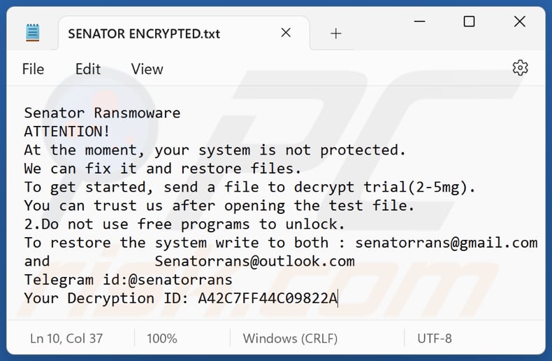 Senator fichier texte du ransomware (SENATOR ENCRYPTED.txt)
