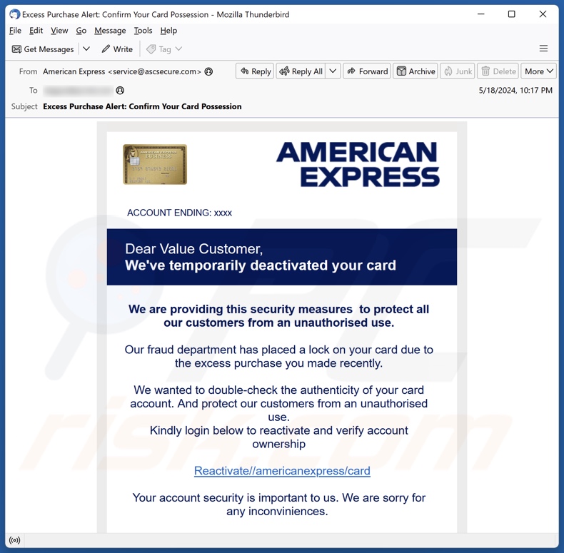 American Express Card Deactivation Campagne de spam par courrier électronique