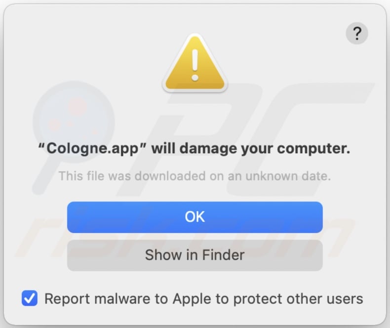 Pop-up affiché lorsque l'adware Cologne.app est détecté sur le système