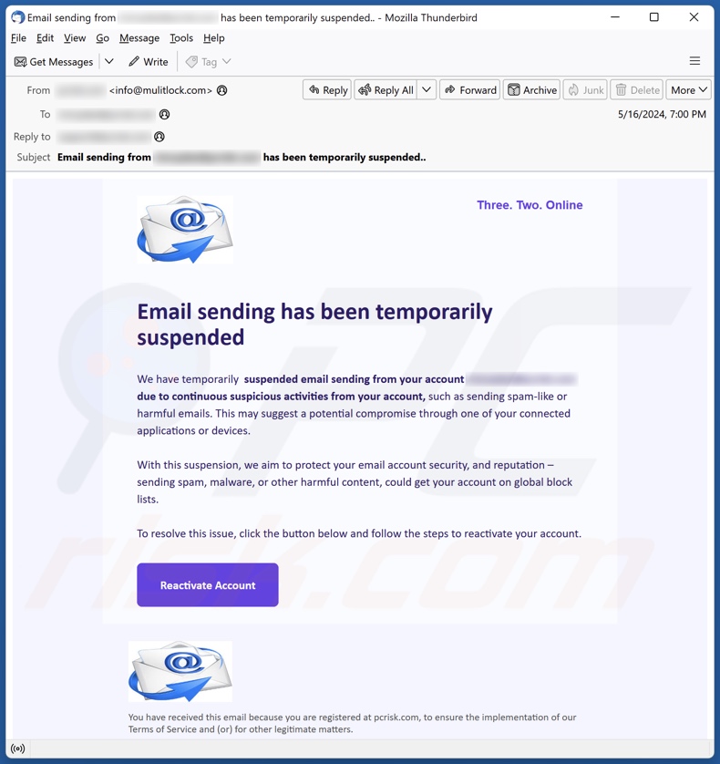 Email Sending Has Been Temporarily Suspended Campagne de spam par courrier électronique