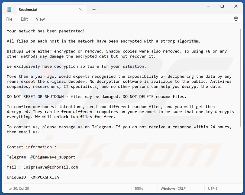 Note de rançon du ransomware EnigmaWave (Readme.txt)