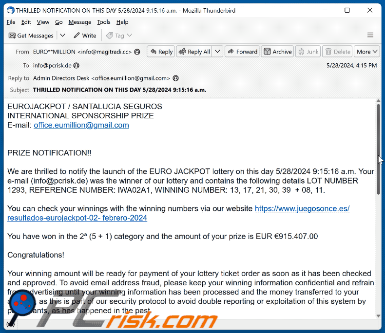 EUROJACKPOT Apparition d'un courriel frauduleux (GIF)
