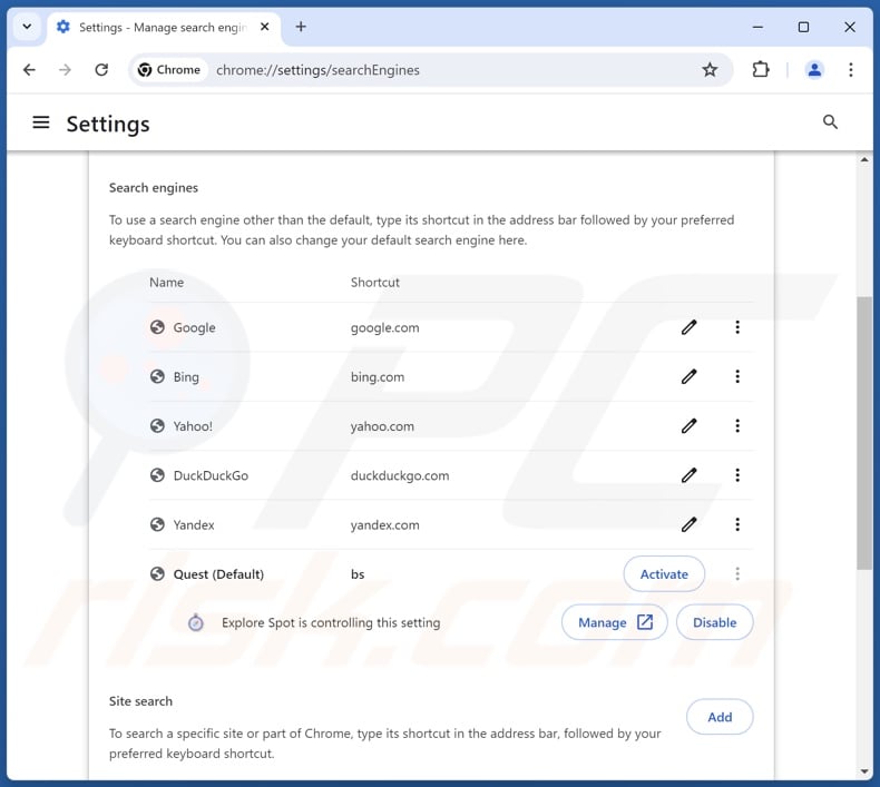 Supprimer explorespot.io du moteur de recherche par défaut de Google Chrome