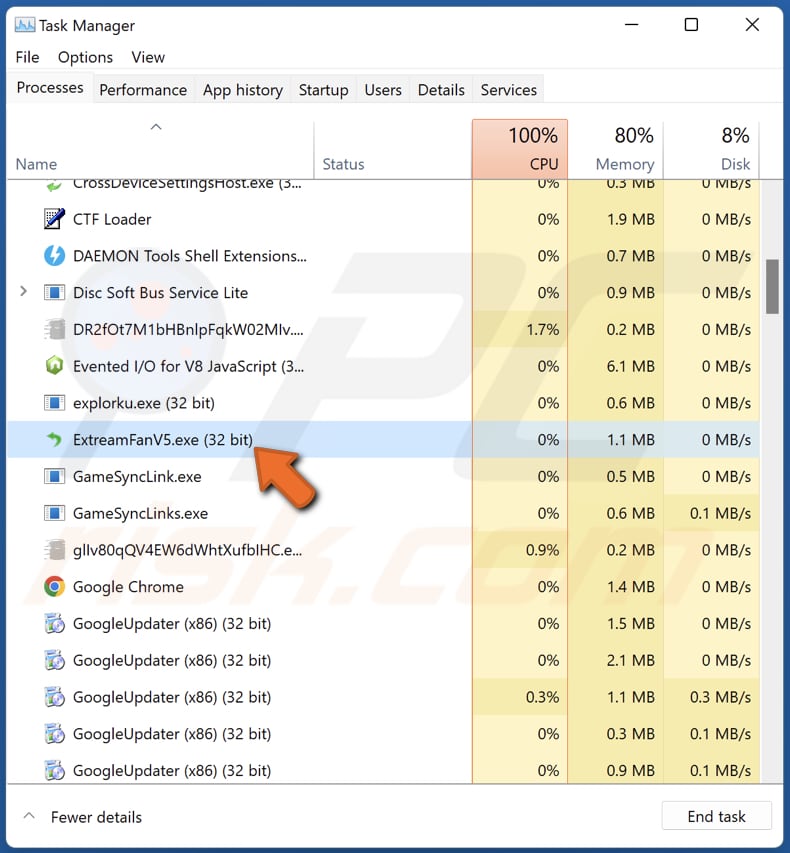 Application indésirable ExtreamFanV5 fonctionnant dans le gestionnaire des tâches