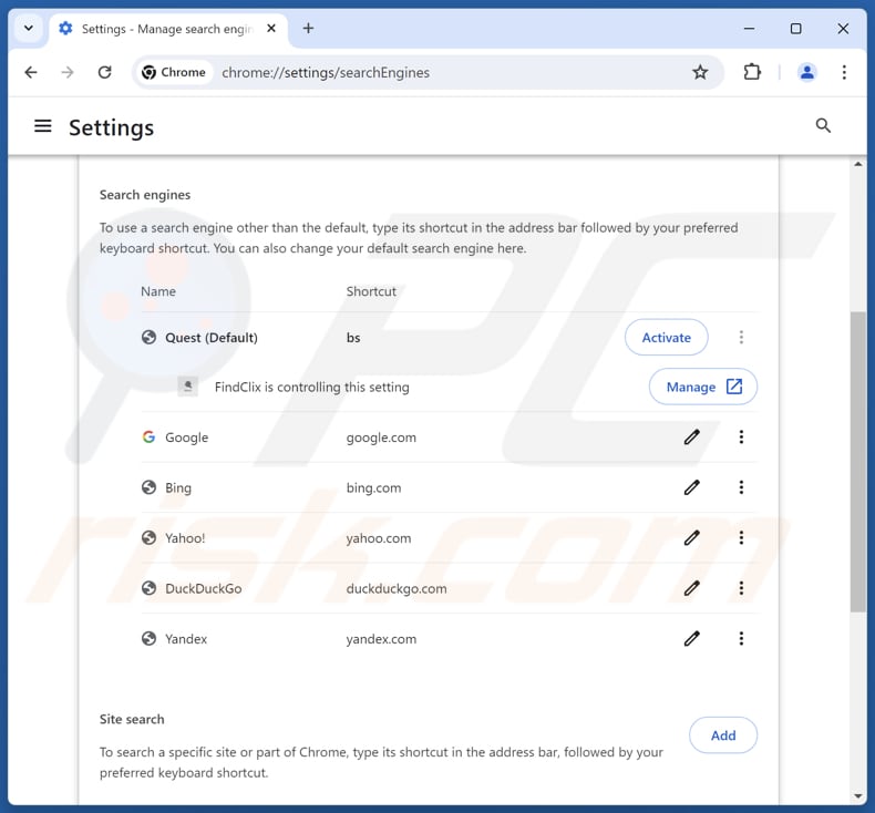 Supprimer findflarex.com du moteur de recherche par défaut de Google Chrome