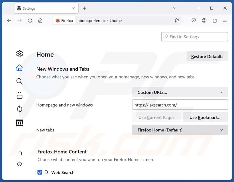 Supprimer laxsearch.com de la page d'accueil de Mozilla Firefox