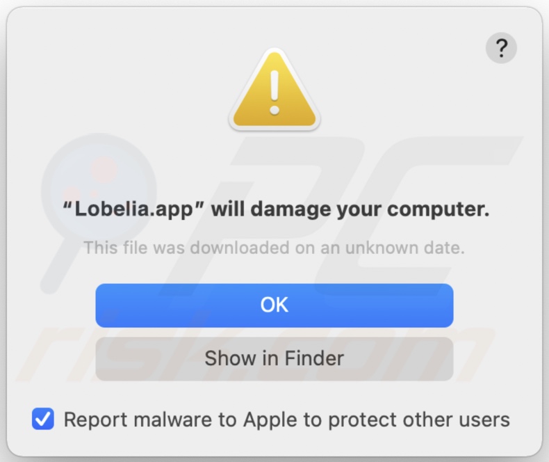 Pop-up affiché lorsque l'adware Lobelia est détecté sur le système