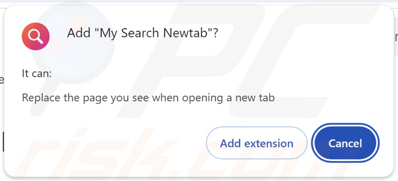 My Search Newtab browser hijacker demande des autorisations