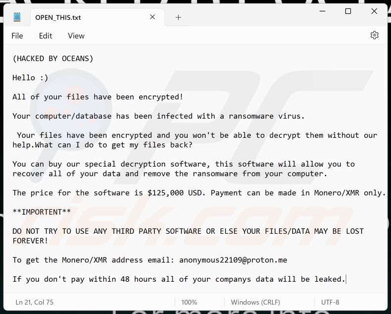 fichier texte du ransomware OCEANS (OPEN_THIS.txt)