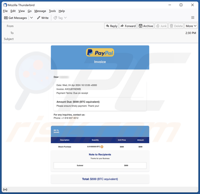 PayPal Crypto Purchase Invoice Campagne de spam par courrier électronique