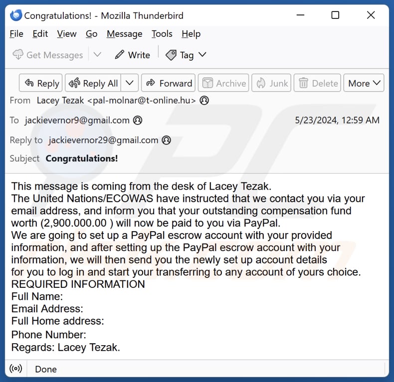 PayPal Escrow Account Campagne de spam par courrier électronique