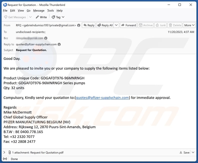 Pfizer Supply Cinquième variante de l'escroquerie par courrier électronique