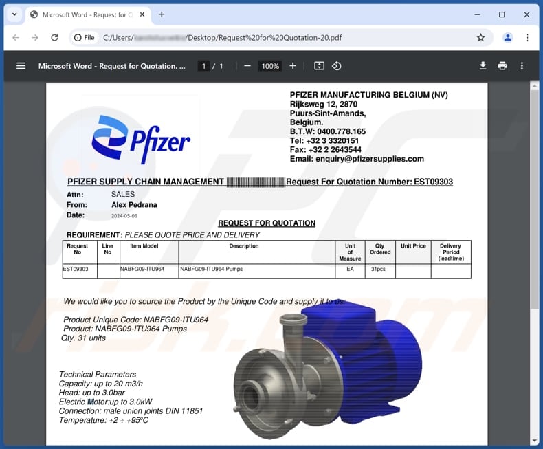 Pfizer Supply Escroquerie par courrier électronique phihsing PDF quatrième variante