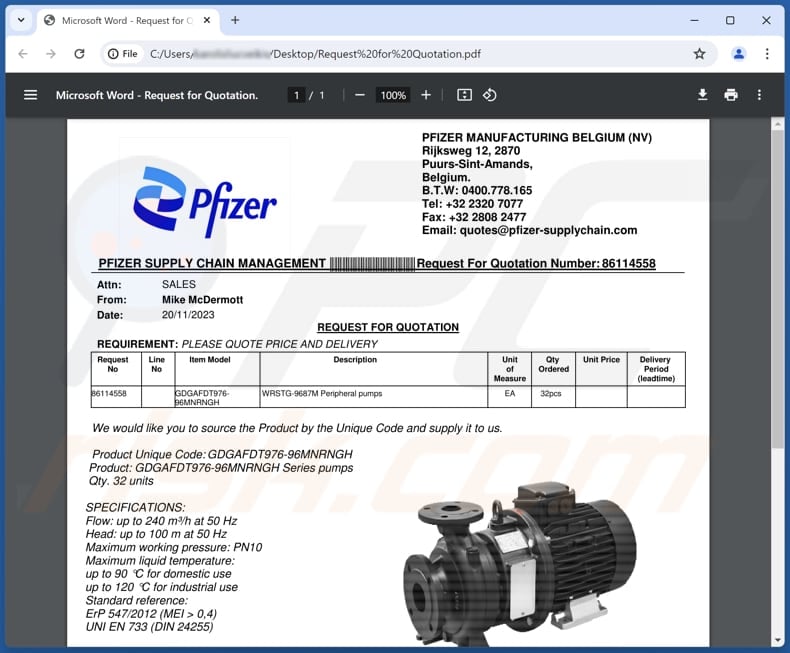 Pfizer Supply Email Scam phishing PDF cinquième variante