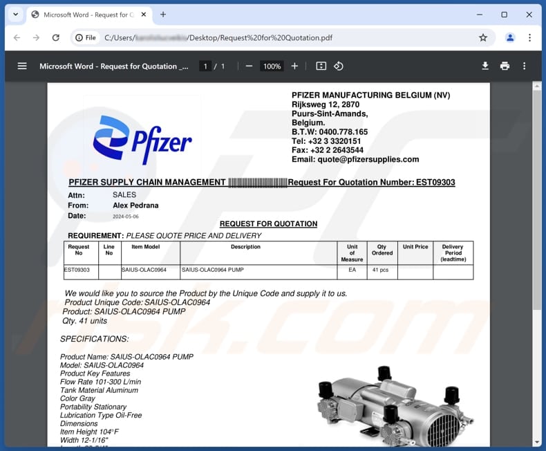 Pfizer Supply Email phishing PDF troisième variante