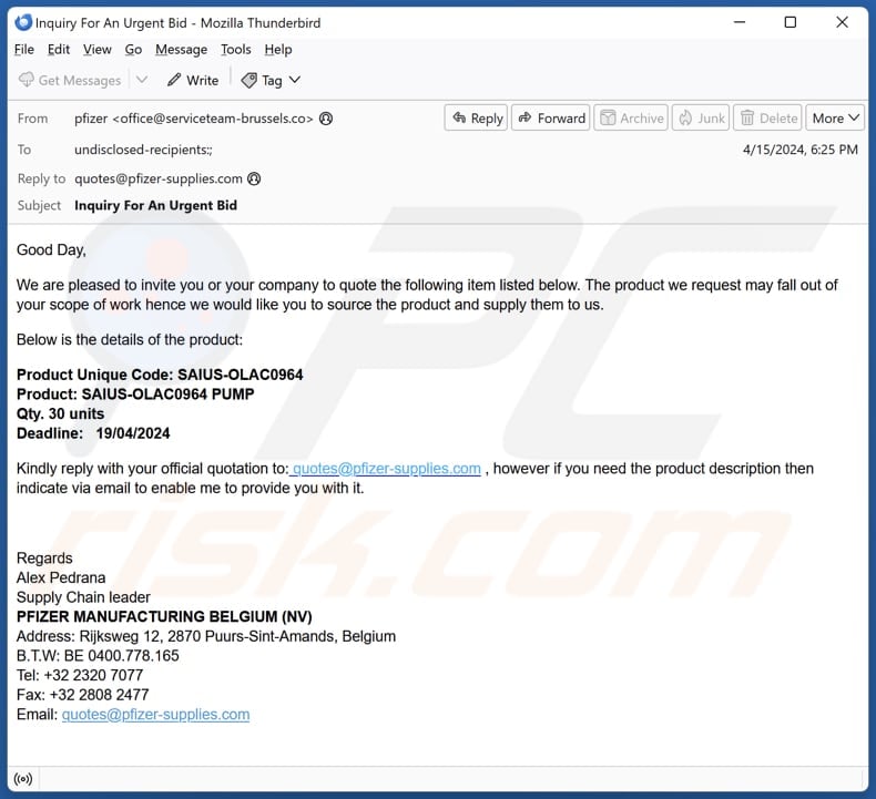 Pfizer Supply Deuxième variante de l'escroquerie par courrier électronique