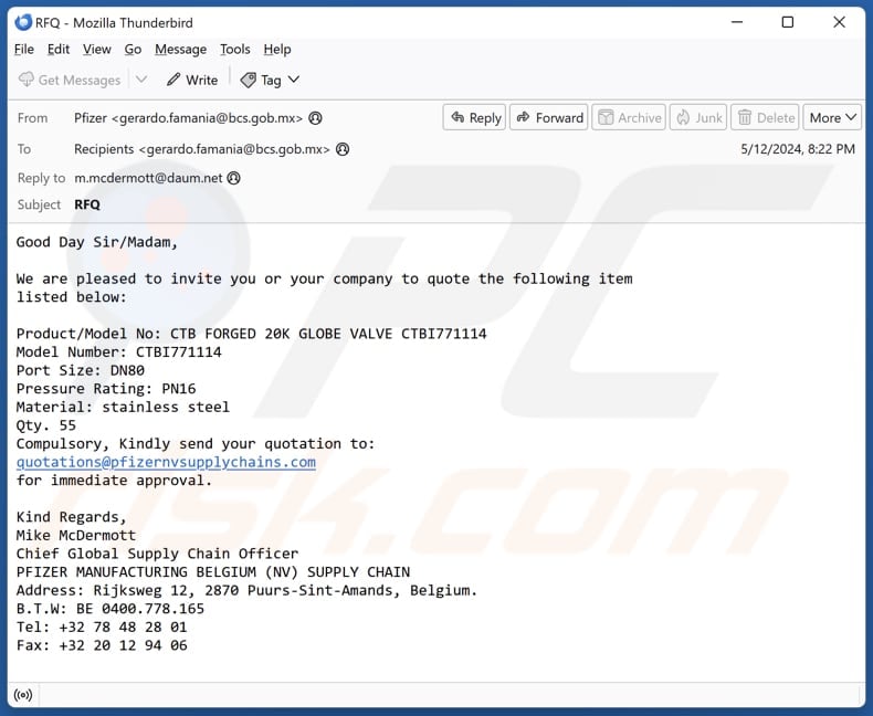 Pfizer Supply Escroquerie par courrier électronique, sixième variante