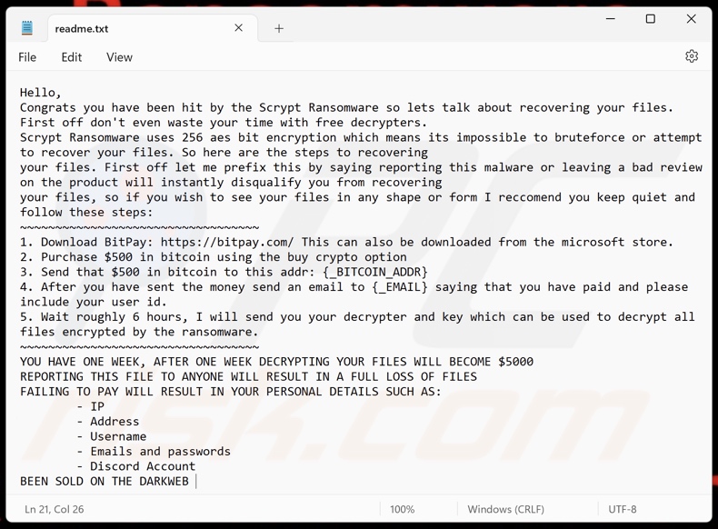 Scrypt ransomware note de rançon (readme.txt)