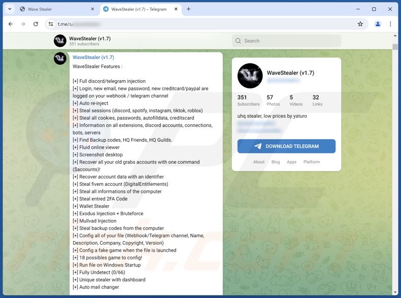 WaveStealer malware promu sur Telegram