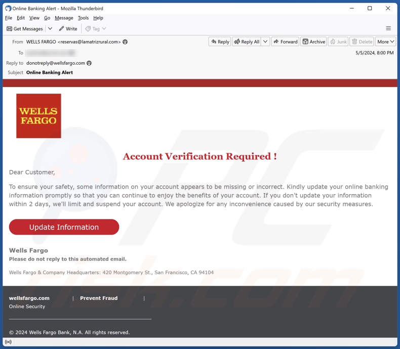 Wells Fargo - Account Verification Required Campagne de spam par courrier électronique