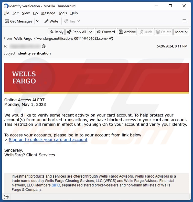 Wells Fargo - Card Activity Verification Campagne de spam par courrier électronique