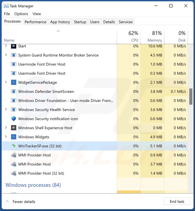 Processus WinTrackerSP PUA dans le gestionnaire des tâches (WinTrackerSP.exe - nom du processus)