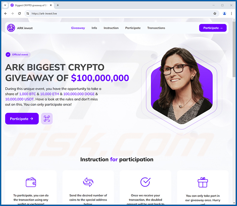 ARK Invest Crypto Giveaway escroquerie - ark-invest[.]live