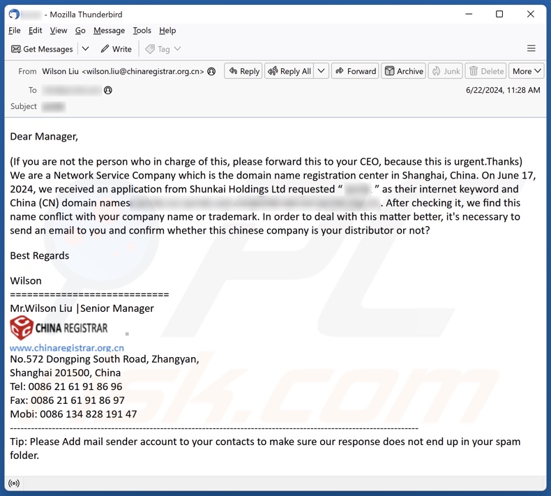 Conflict With Your Company Name Or Trademark Campagne de spam par courrier électronique