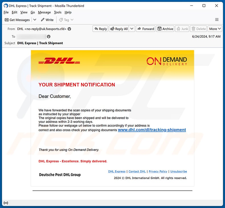 DHL Shipment Notification escroquerie par courriel (2024-06-26)