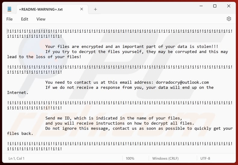 Fichier texte du ransomware DORRA (+README-WARNING+.txt)