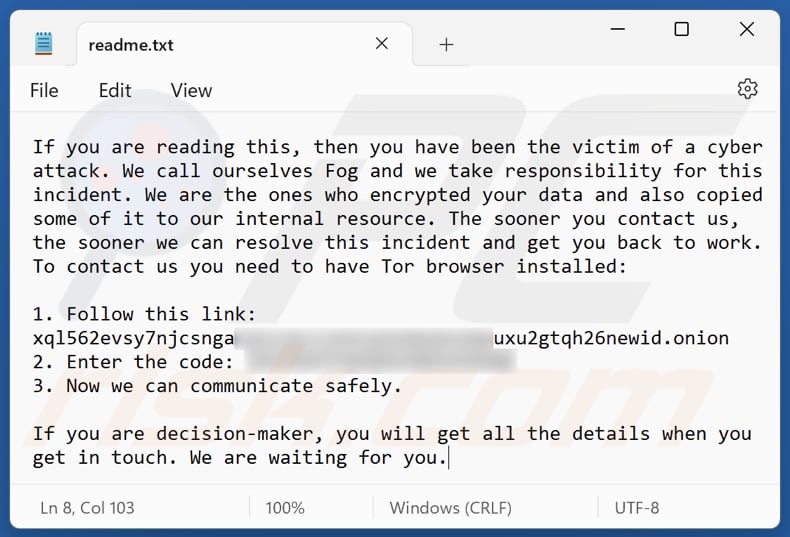 Fichier texte du ransomware Fog (readme.txt)