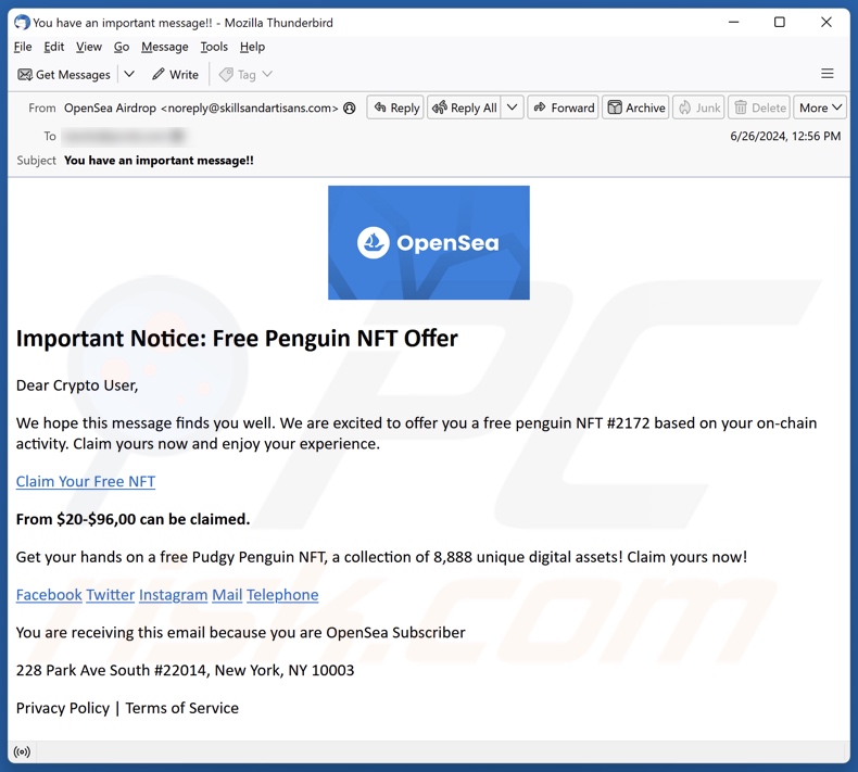Apparition de l'e-mail de spam approuvant l'escroquerie Free Penguin NFT