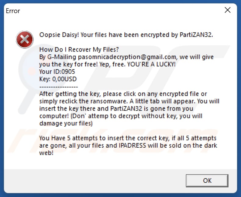 PartiZAN32 ransomware fenêtre d'erreur