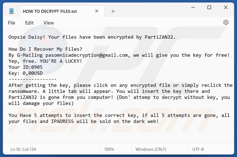 PartiZAN32 ransomware fichier texte (HOW TO DECRYPT FILES.txt)