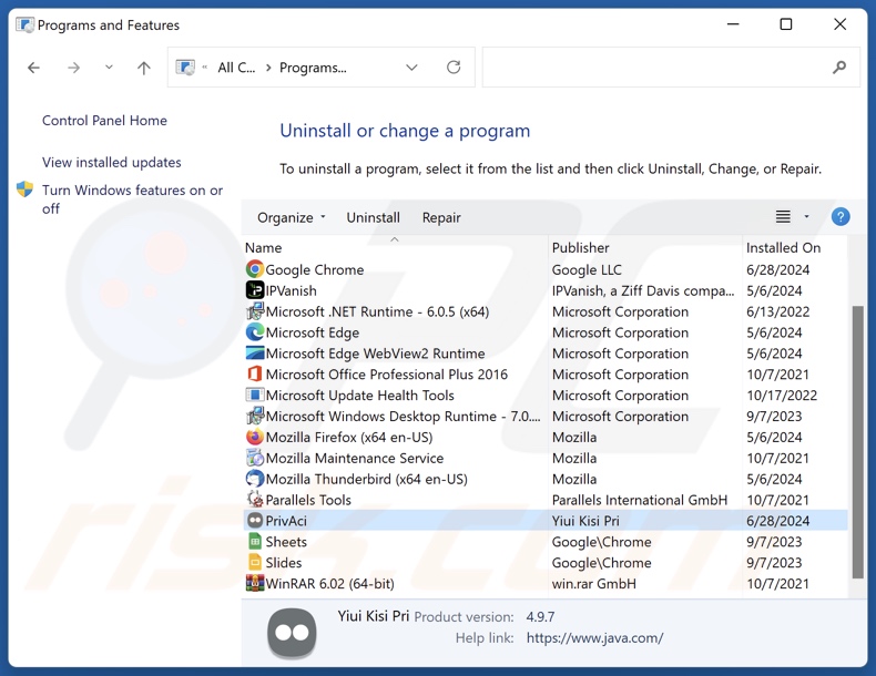 Désinstallation de PrivAci via le panneau de configuration