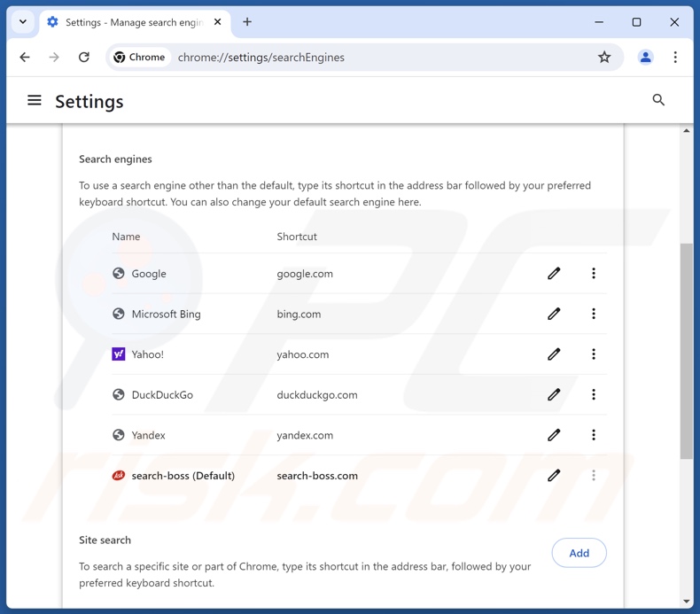 Suppression de search-boss.com du moteur de recherche par défaut de Google Chrome