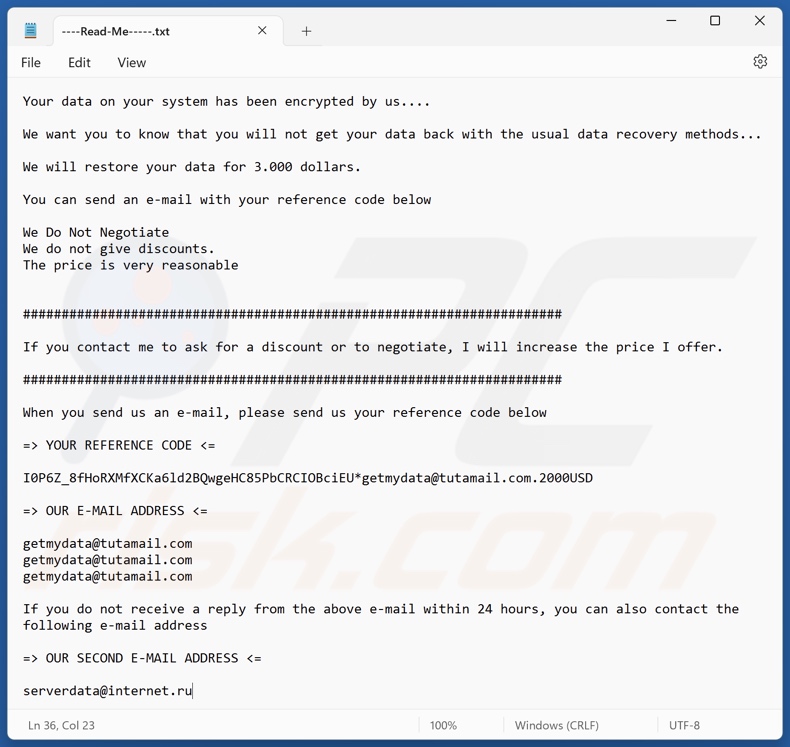 2000USD ransomware note de rançon (----Read-Me-----.txt)