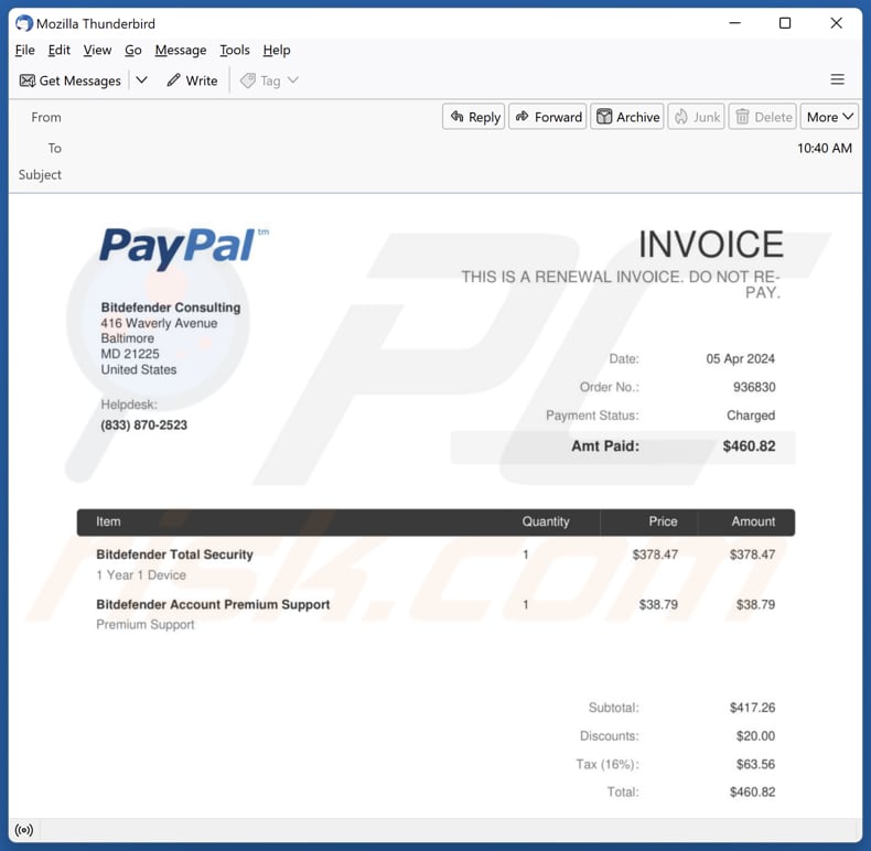 Bitdefender Subscription Renewal Deuxième variante de l'escroquerie par courrier électronique