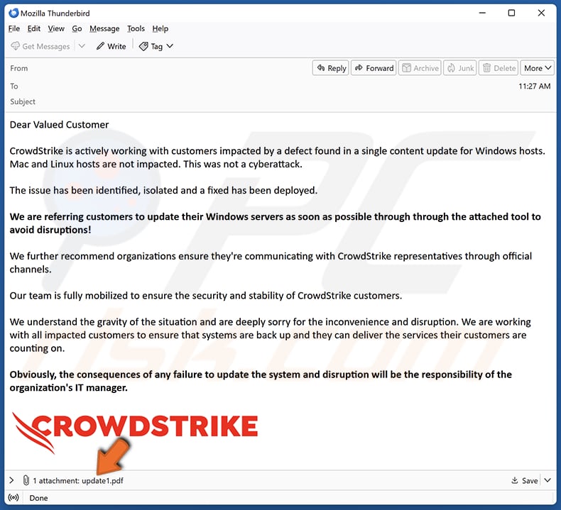 Le courriel frauduleux de CrowdStrike diffuse un PDF qui propage un logiciel de nettoyage de données