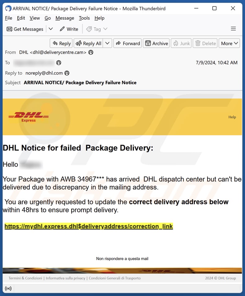 DHL - Notice For Failed Package Delivery Campagne de spam par courrier électronique