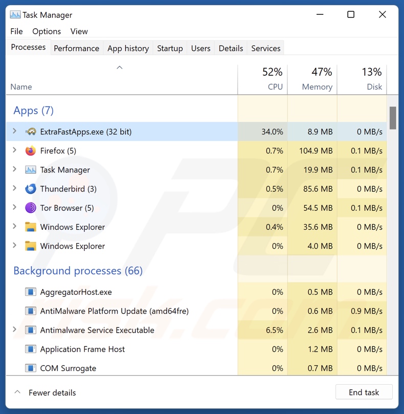 Processus ExtraFastApps PUA dans le gestionnaire des tâches (ExtraFastApps.exe - nom du processus)